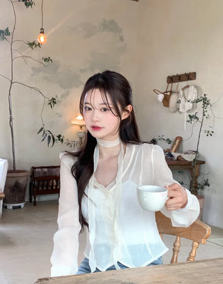 [2pcs] See-through Tie Blouse Set