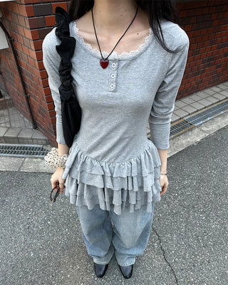 Lace tiered button mini dress