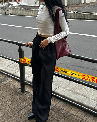 Boat neck cropped ribbed long-sleeve cut and sew