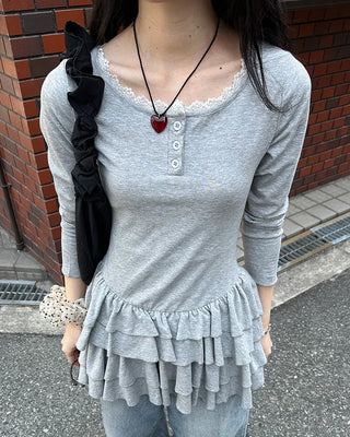 Lace tiered button mini dress