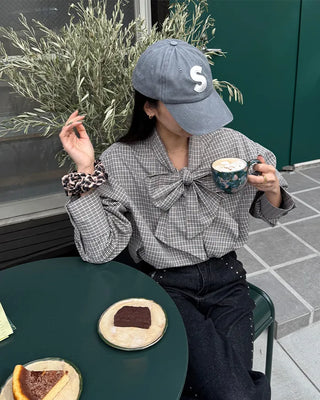 Big Ribbon Tie Check Blouse