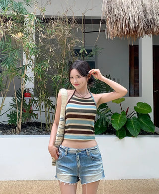 Two-tone halter knit sleeveless top
