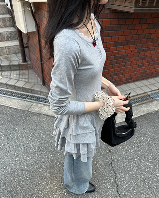 Lace tiered button mini dress