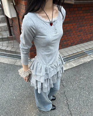 Lace tiered button mini dress