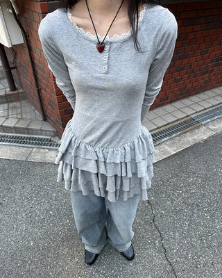 Lace tiered button mini dress