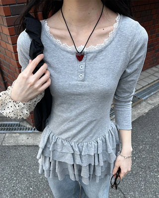 Lace tiered button mini dress