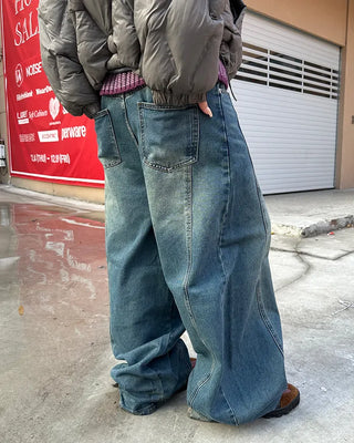 (Unisex) Center Seam Washed Balloon Denim Pants