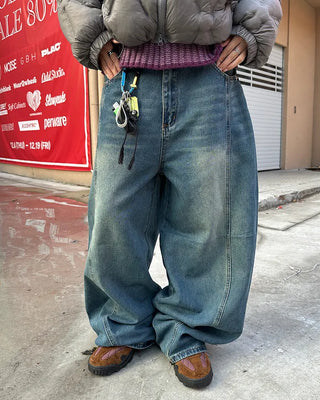 (Unisex) Center Seam Washed Balloon Denim Pants