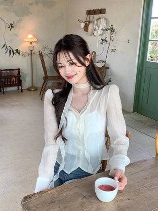 [2pcs] See-through Tie Blouse Set