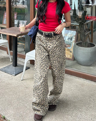 Pigmented leopard print cotton wide-leg pants
