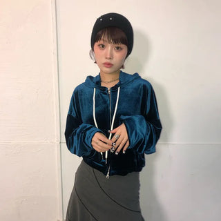 Velvet Cropped Zip Hoodie