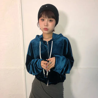 Velvet Cropped Zip Hoodie