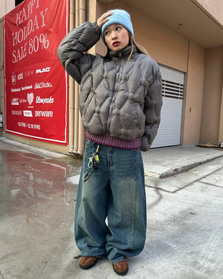 (Unisex) Center Seam Washed Balloon Denim Pants