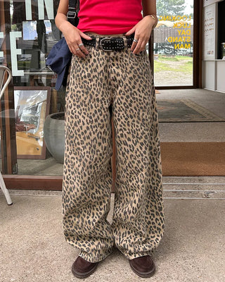 Pigmented leopard print cotton wide-leg pants