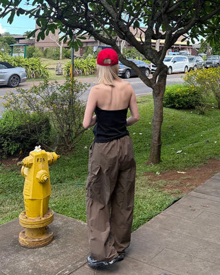Waist drawstring cargo parachute pants