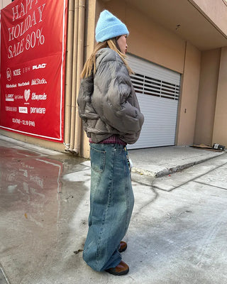 (Unisex) Center Seam Washed Balloon Denim Pants