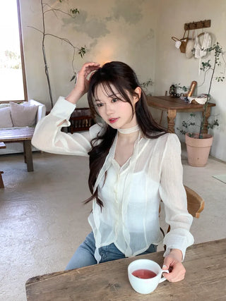 [2pcs] See-through Tie Blouse Set