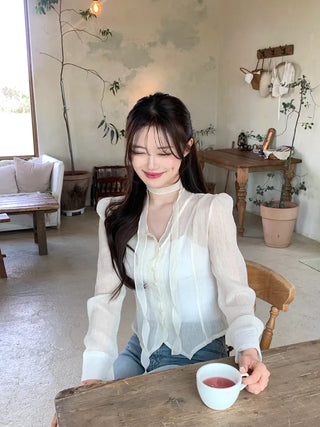 [2pcs] See-through Tie Blouse Set