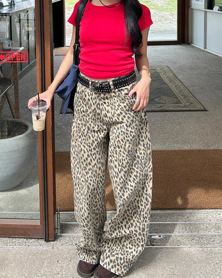 Pigmented leopard print cotton wide-leg pants