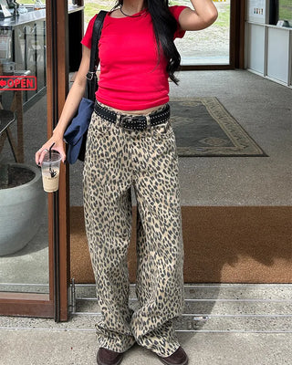 Pigmented leopard print cotton wide-leg pants
