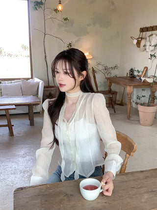 [2pcs] See-through Tie Blouse Set