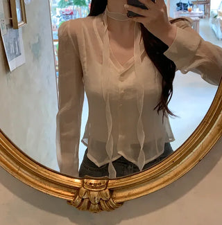 [2pcs] See-through Tie Blouse Set