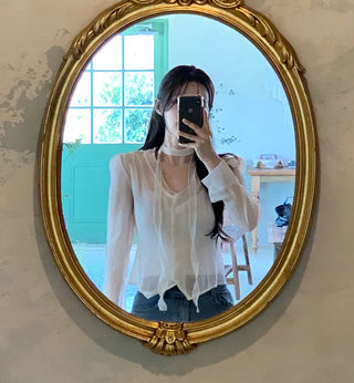 [2pcs] See-through Tie Blouse Set