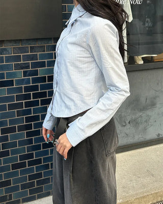 Round hem cropped slim striped shirt