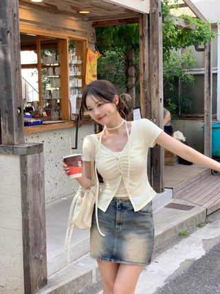 Shirred Sleeveless Cardigan Set