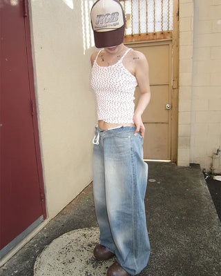 Strap Belt Washed Wide Denim Pants