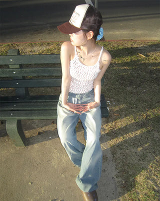 Strap Belt Washed Wide Denim Pants