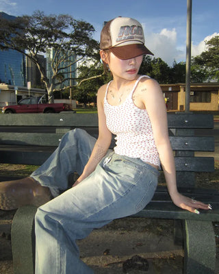 Strap Belt Washed Wide Denim Pants