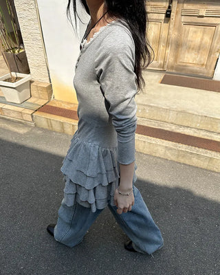 Lace tiered button mini dress
