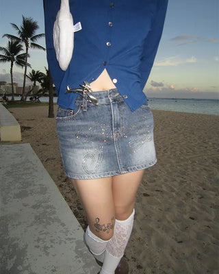Cubic lettering denim mini skirt