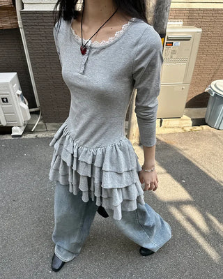 Lace tiered button mini dress