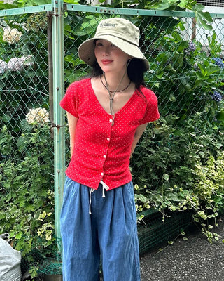 Denim wide-leg pants with elastic waistband and drawstring