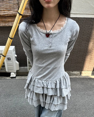 Lace tiered button mini dress