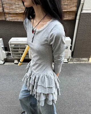 Lace tiered button mini dress