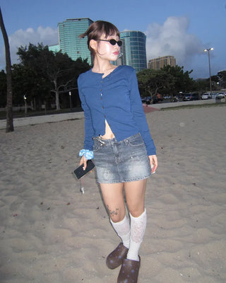 Cubic lettering denim mini skirt