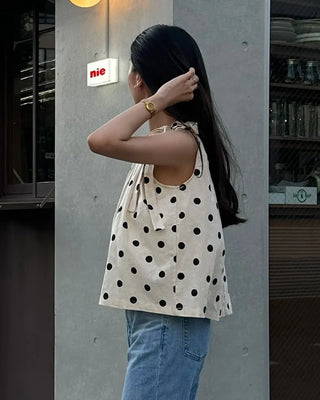 Polka Dot Ribbon Sleeveless Blouse