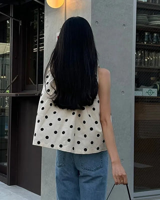 Polka Dot Ribbon Sleeveless Blouse