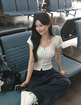 Slim ribbed short-sleeved cardigan (4 colors)