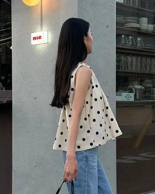Polka Dot Ribbon Sleeveless Blouse