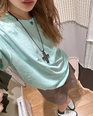 (Unisex) Rib Neck Simple Short Sleeve T-Shirt