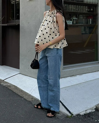 Polka Dot Ribbon Sleeveless Blouse
