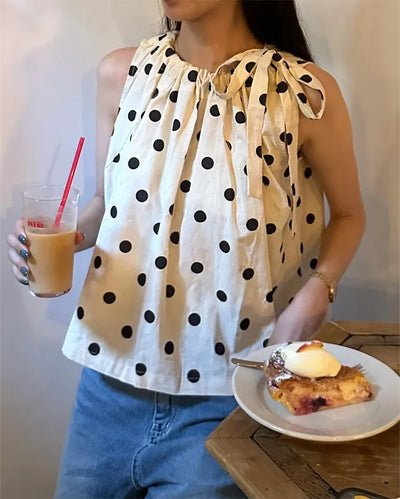 Polka Dot Ribbon Sleeveless Blouse