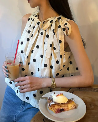 Polka Dot Ribbon Sleeveless Blouse