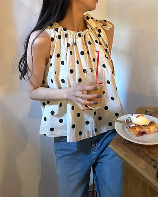 Polka Dot Ribbon Sleeveless Blouse