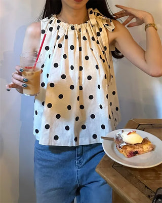 Polka Dot Ribbon Sleeveless Blouse