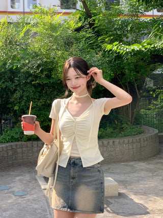 Shirred Sleeveless Cardigan Set